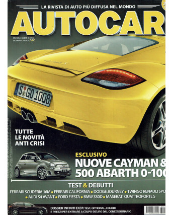 Autocar N.12 Anno 3 Dic 2008 Cayman, 500 Abarth 0-100, California ed.Deagostini
