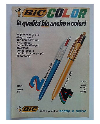 P72.016 Pubblicità Advertising BIC COLOR LA QUALITA' BIC ANCHE A COLORI * 1972 *